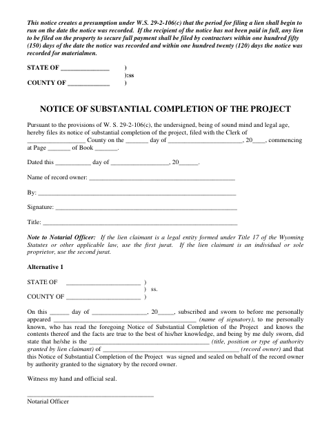 Notice of Substantial Completion of the Project, Converse County form, first page