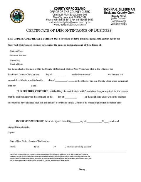 Certificate of Discontinuance of Business, Rockland County form, first page