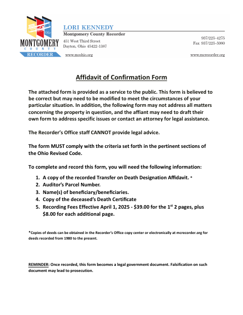 Affidavit Of Confirmation By Transfer On Death Beneficiary, Montgomery County form, first page
