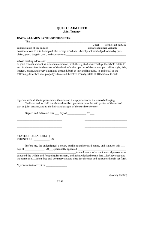 Quitclaim Deed (Joint Tenancy), Cherokee County form, first page