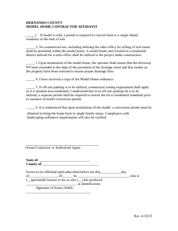 model-home-contractor-affidavit — Hernando County form, first page