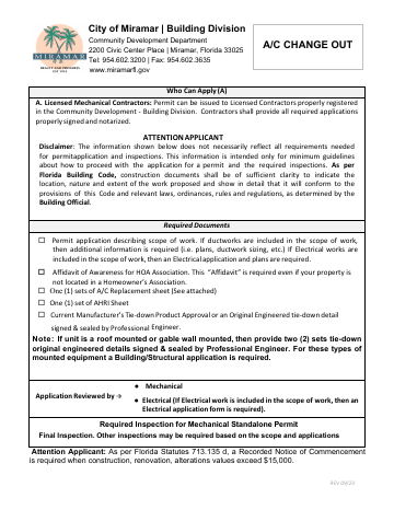 First page of the A/C Change Out Application