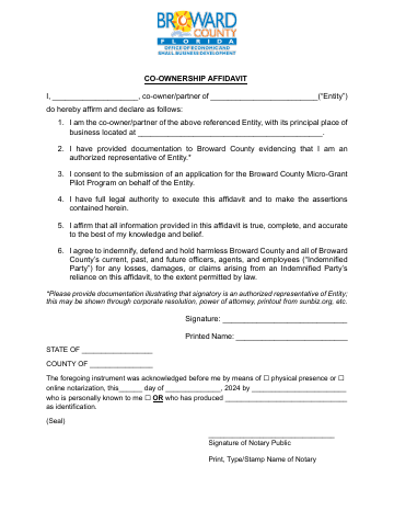 CO-OWNERSHIP AFFIDAVIT I — Broward County form, first page