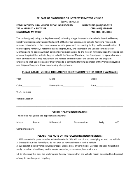 First page of the Release of Ownership or Interest in Motor Vehicle (Junk Vehicle)