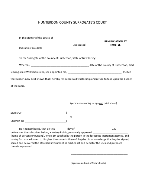 Renunciation by Trustee, Hunterdon County form, first page