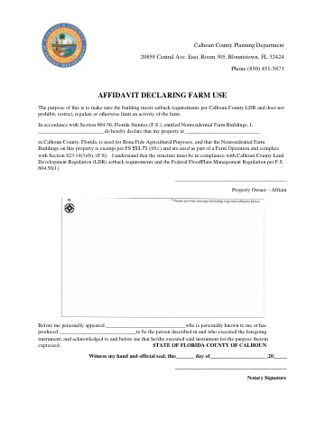 AFFIDAVIT DECLARING FARM USE - Calhoun County, Florida — Calhoun County form, first page