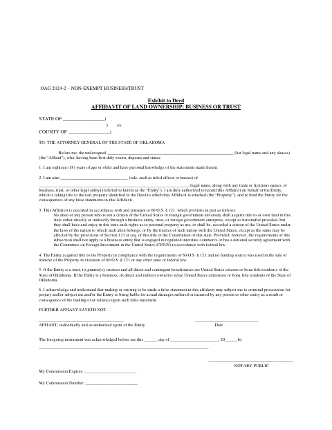 Affidavit of Land Ownership: Business or Trust, Kay County form, first page