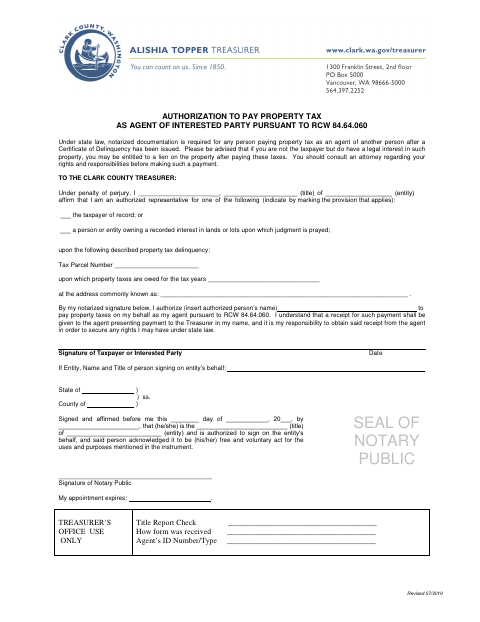 Property Tax Agent Authorization, Clark County form, first page