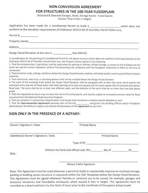 Non-Conversion Agreement for Structures in the 100-Year Floodplain, Vermilion Parish form, first page