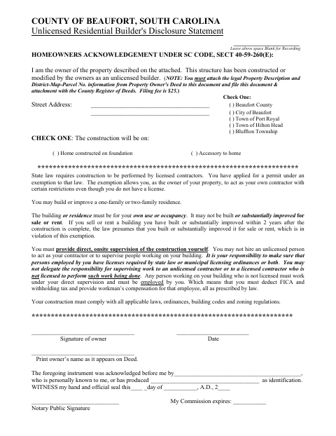 Unlicensed Residential Builder's Disclosure Statement, Beaufort County form, first page