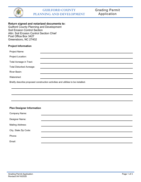 Grading Permit Application, Guilford County form, first page