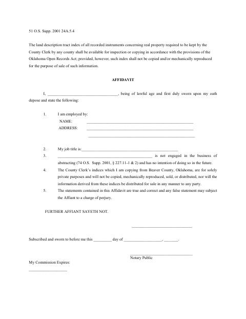 Tract Index Access Affidavit, Beaver County form, first page