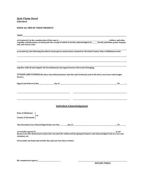 Quitclaim Deed for Individual, Cleveland County form, first page