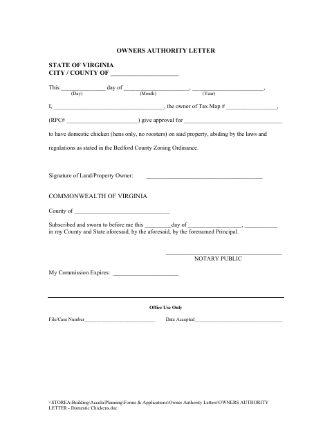 Owners Authority Letter, Bedford County form, first page