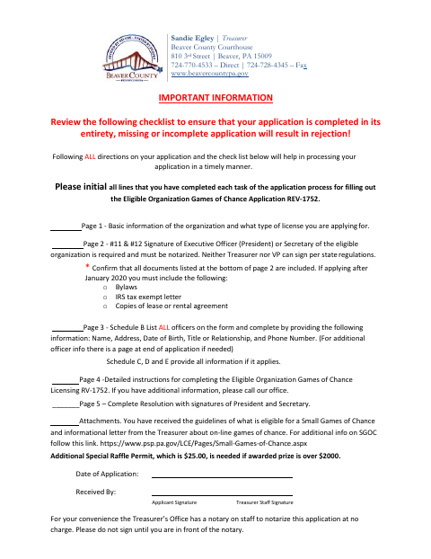 Eligible Organization Games Of Chance Application, Beaver County form, first page