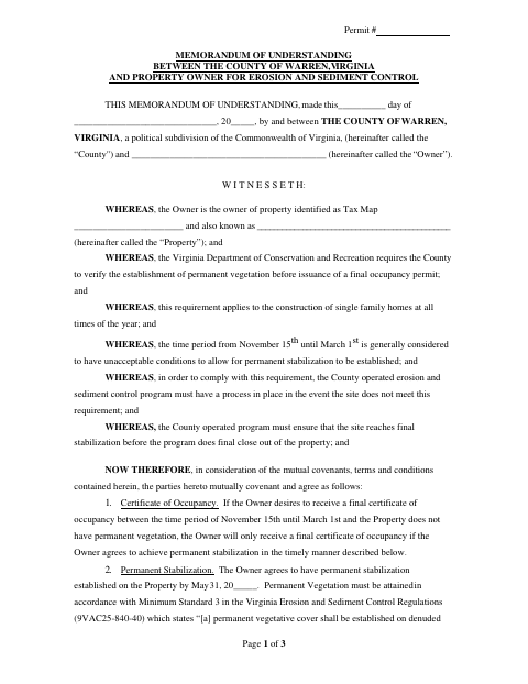 Memorandum of Understanding for Erosion and Sediment Control, Warren County form, first page