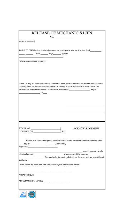Release of Mechanic's Lien, Grady County form, first page