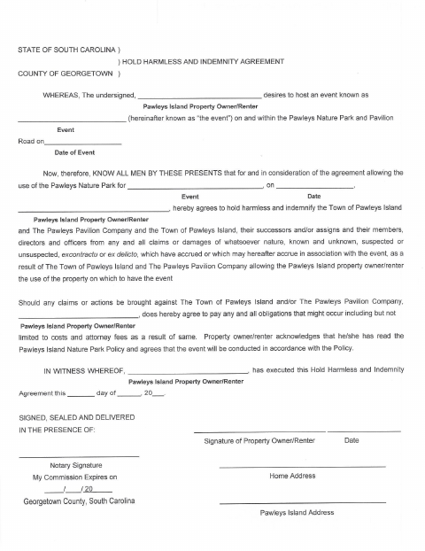 First page of the Hold Harmless and Indemnity Agreement
