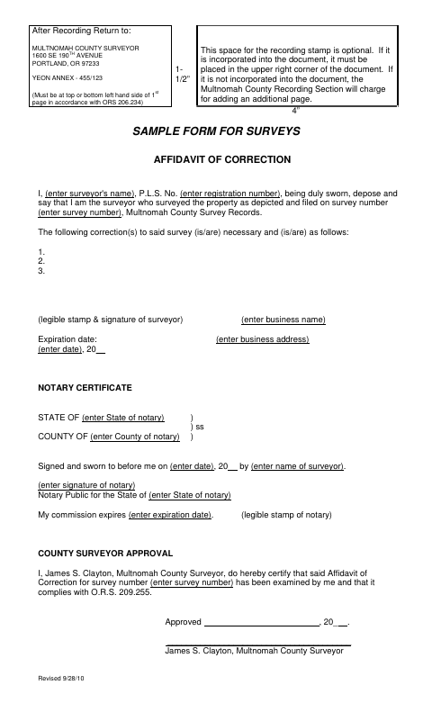 Affidavit of Correction, Multnomah County form, first page