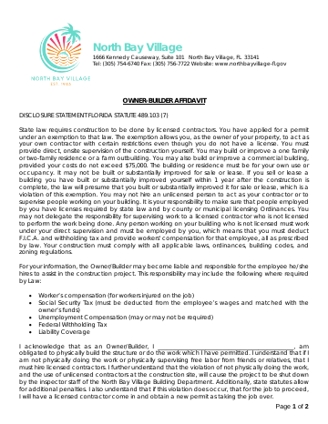 First page of the Owner-Builder Affidavit