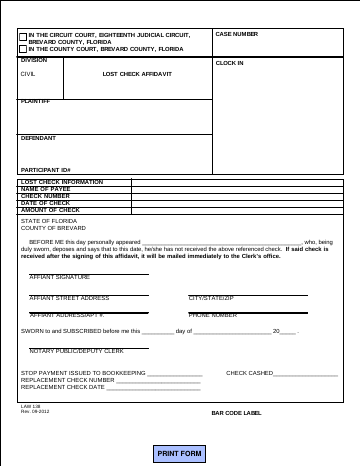 Lost Check Affidavit - Law 138 — Brevard County form, first page