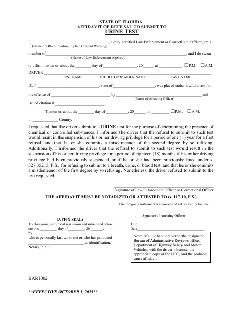 BAR1002 Affidavit of Refusal to Submit to Urine Test first page