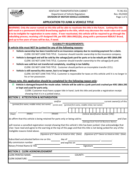 TC 96-351 Application to Junk a Vehicle Title first page