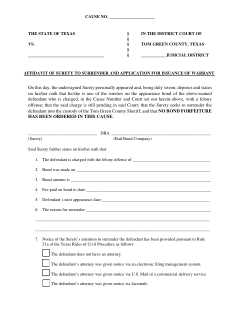 Affidavit of Surety to Surrender and Application for Issuance of Warrant, Tom Green County form, first page