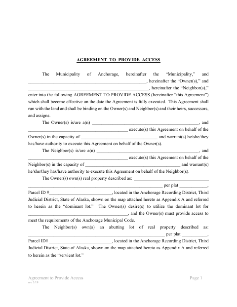 Agreement To Provide Access, Anchorage Municipality form, first page