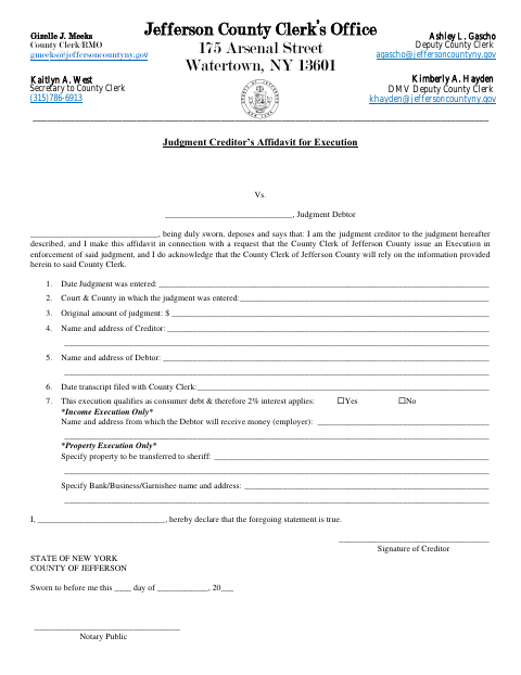 Judgment Creditor’s Affidavit for Execution, Jefferson County form, first page