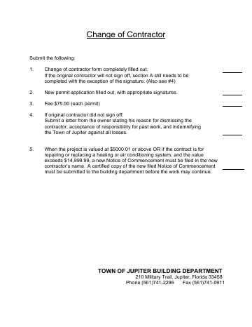 First page of the Change of Contractor Request