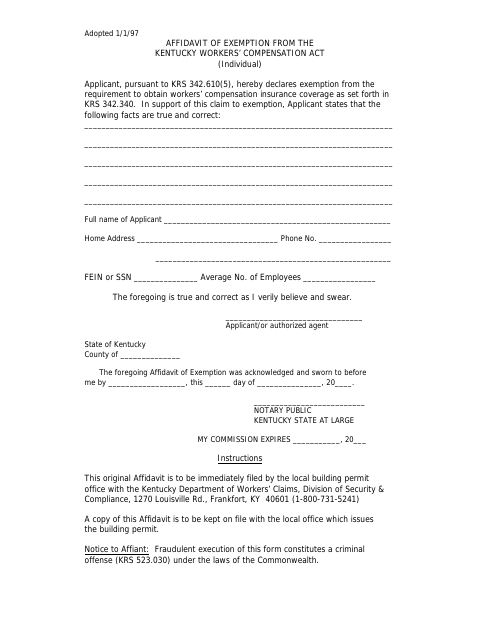 Affidavit of Exemption from the Kentucky Workers’ Compensation Act (Individual), Franklin County form, first page