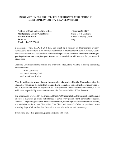 Adult Birth Certificate Correction Petition, Montgomery County form, first page