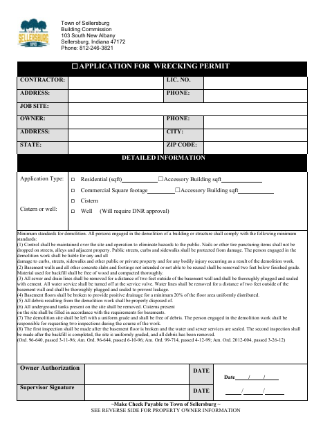 First page of the Wrecking Permit Application