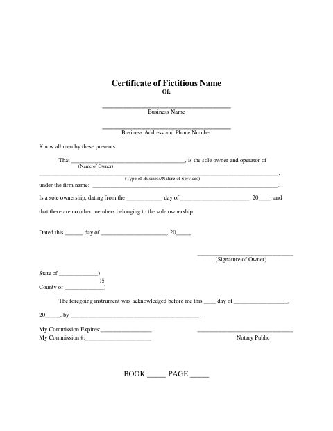 Certificate of Fictitious Name Single Owner, Kay County form, first page