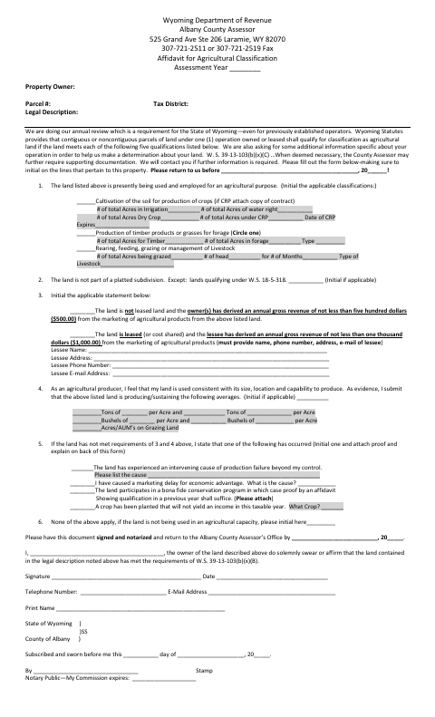 Affidavit for Agricultural Classification, Albany County form, first page