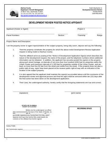 DR Notice Affidavit — Alachua County form, first page
