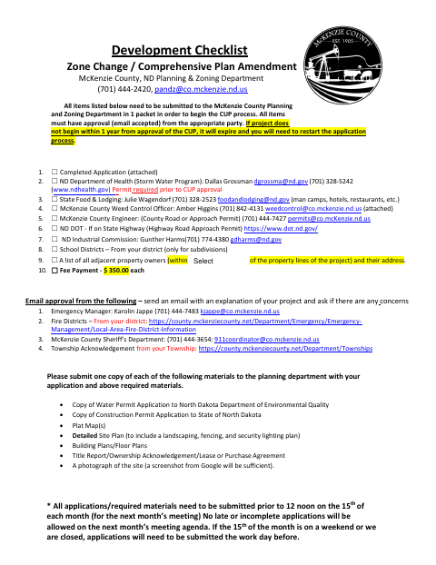 Zone Change / Comprehensive Plan Amendment Development Checklist, McKenzie County form, first page