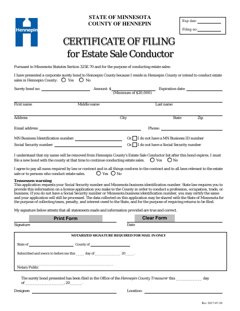 Certificate of Filing for Estate Sale Conductor, Hennepin County form, first page