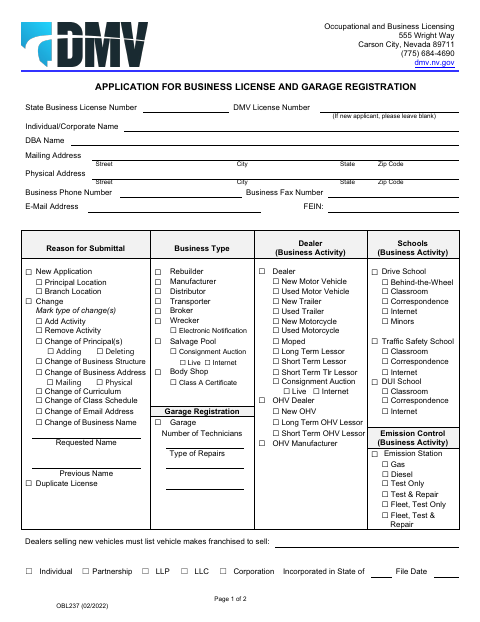 OBL237 Application for Business License and Garage Registration first page