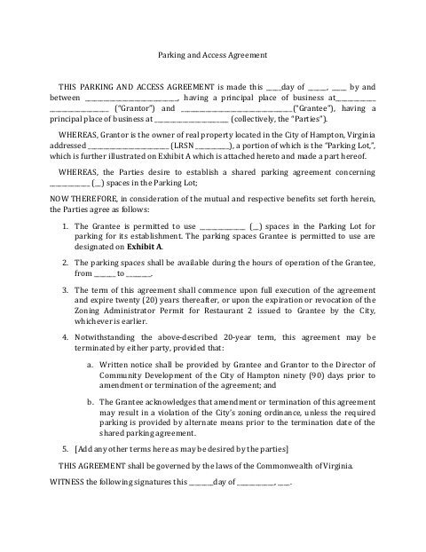 Parking and Access Agreement, City of Hampton form, first page