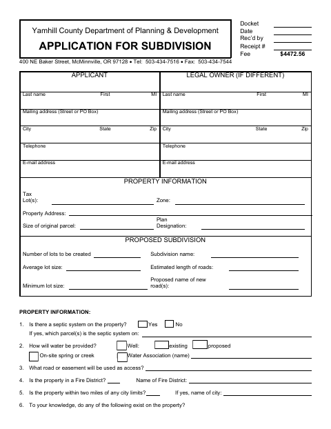 Application For Subdivision, Yamhill County form, first page
