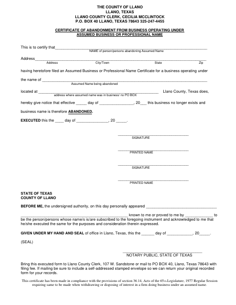 Certificate of Abandonment from Business Operating Under Assumed Business or Professional Name, Llano County form, first page
