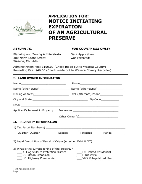 Notice Initiating Expiration of an Agricultural Preserve, Waseca County form, first page