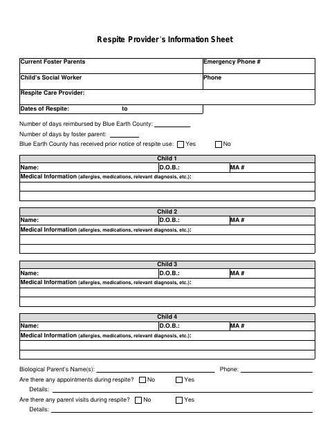 First page of the Respite Provider’s Information Sheet