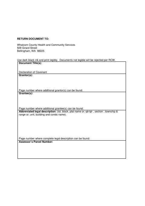 Declaration of Covenant, Whatcom County form, first page