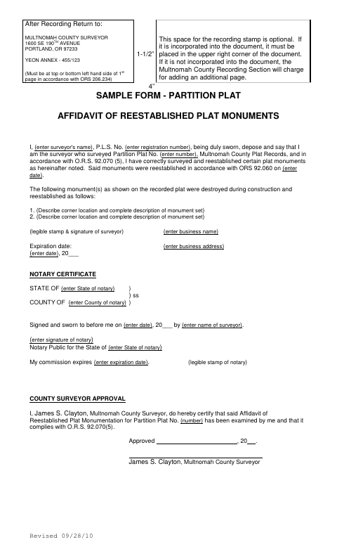 Affidavit of Reestablished Plat Monuments for Partition Plats, Multnomah County form, first page