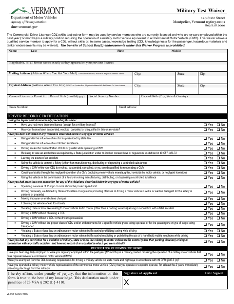 VL-054 Military Test Waiver first page