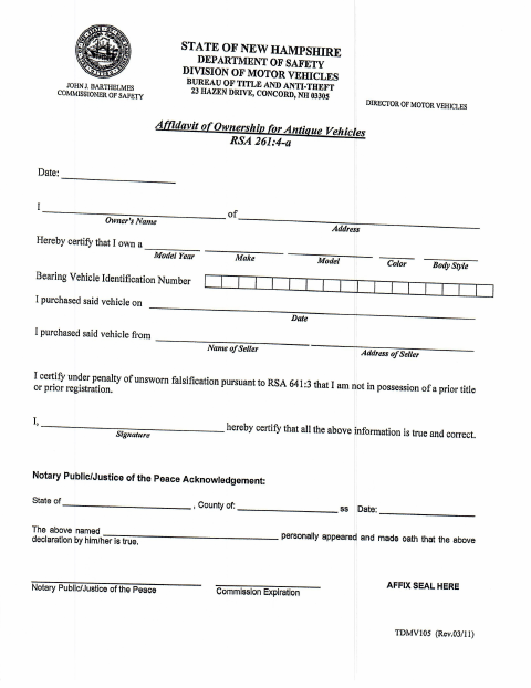 First page of the Affidavit of Ownership for Antique Vehicles