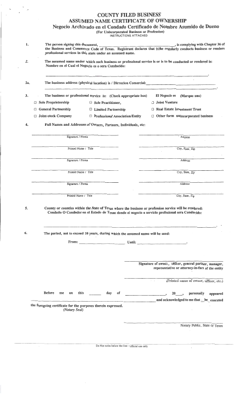 County-Filed Business Assumed Name Certificate of Ownership, Deaf Smith County form, first page